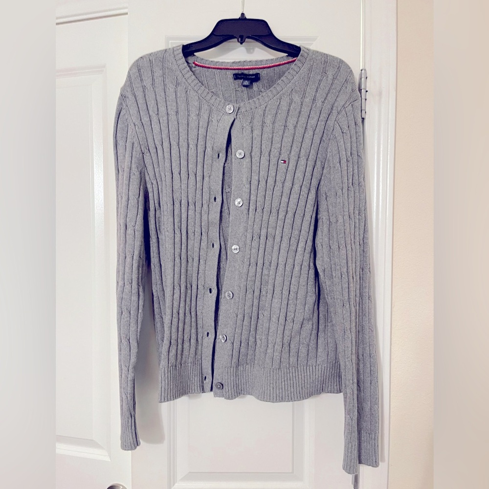 Tommy Hilfiger Size XL grey cable knit cardigan sweater